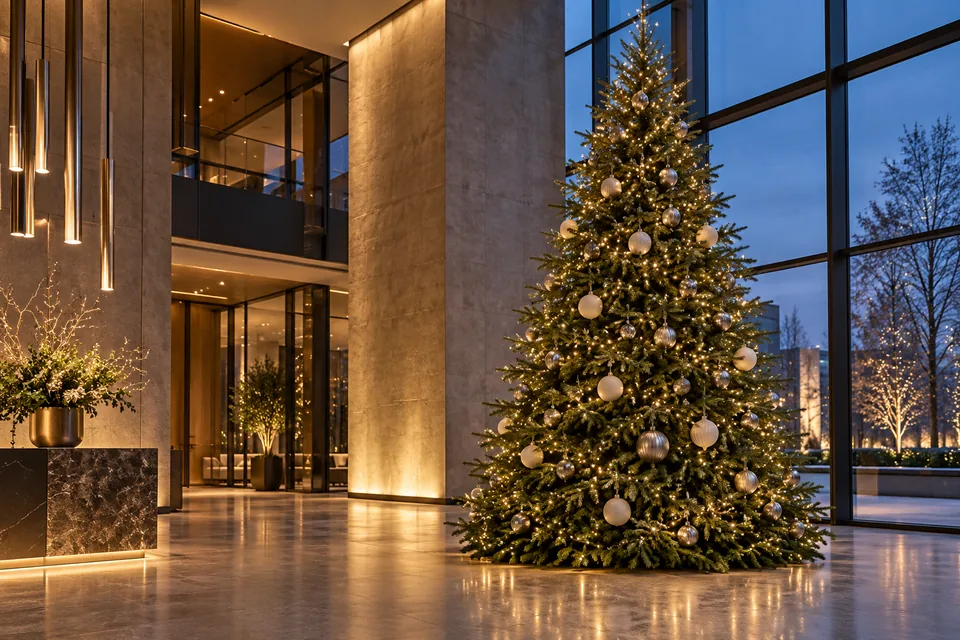 Sapin de Noël décoré dans un grand hall — projection d’ambiance