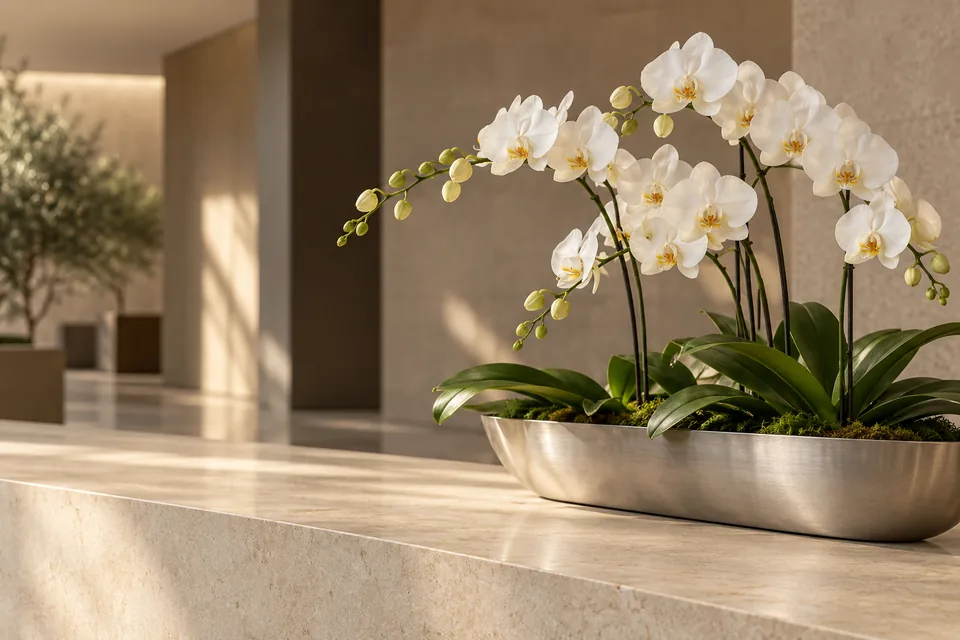 Composition d’orchidées blanches sur un comptoir contemporain — inspiration