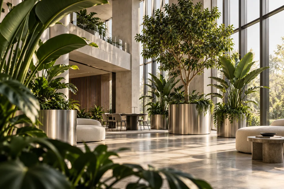 Projection d’un hall professionnel lumineux avec des plantes et des bacs métalliques