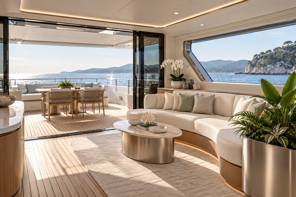 Projection d’un salon de yacht avec plantes et orchidées